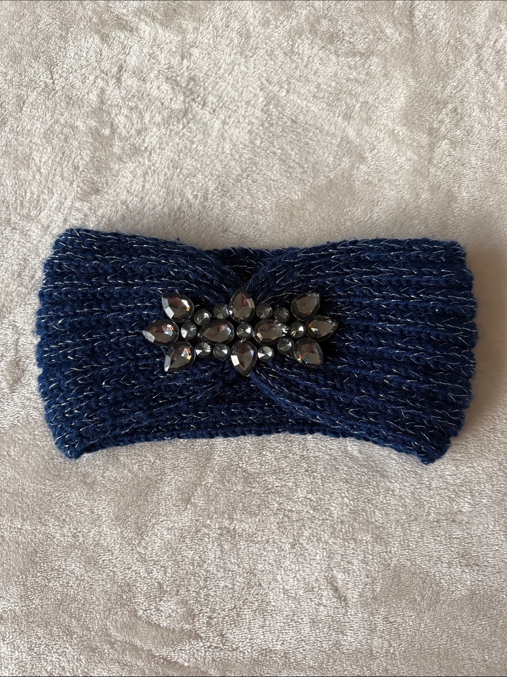 Navy blue & silver knit winter headband crystal rhinestone flower embellishment